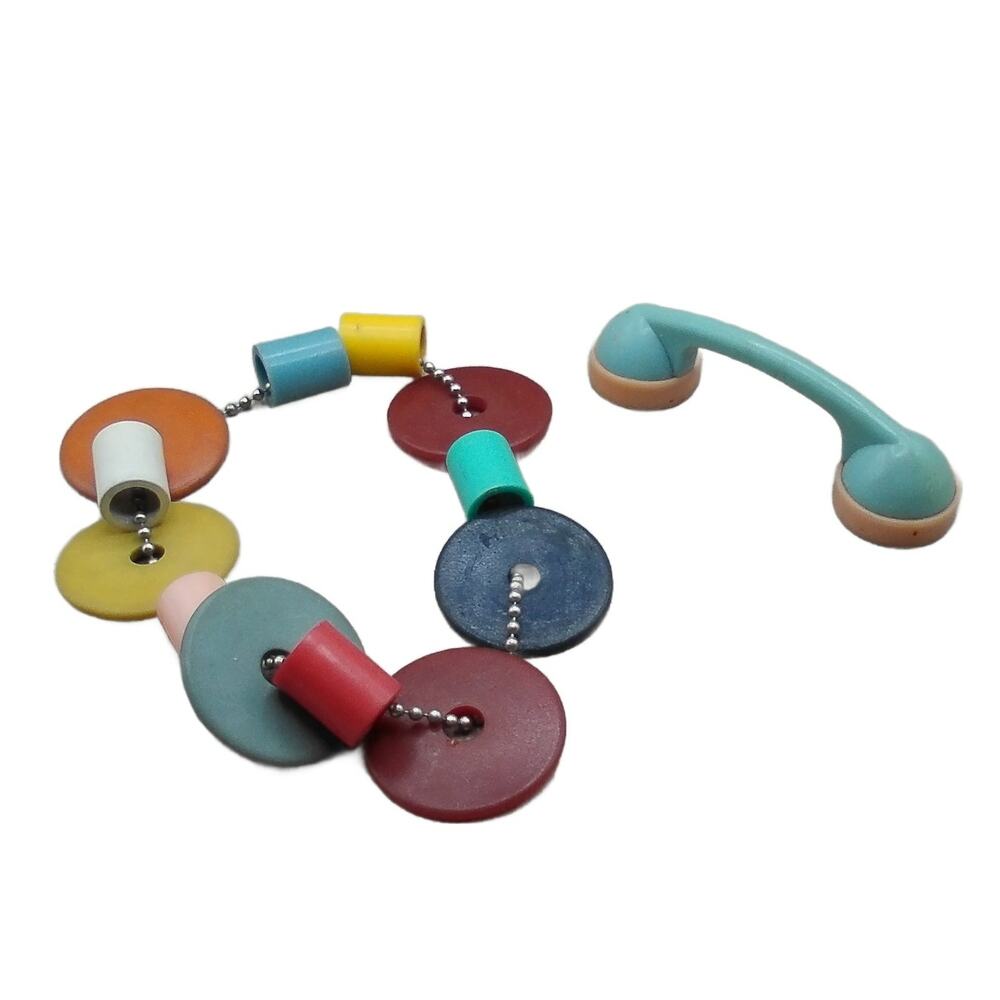 Antique Rattle Lot: Plakie Celluloid Blue Tinkle Tone Phone & Clatter Necklace